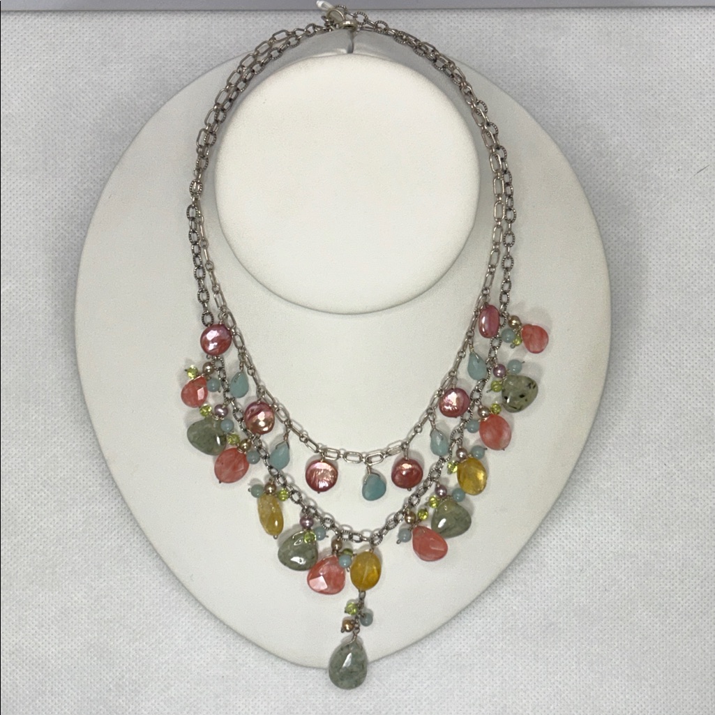 Vintage Artisan Handmade Multi Gemstone Two Row Sterling Silver Necklace 150$